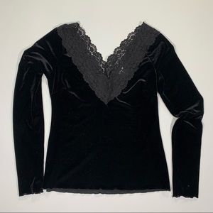 Boston Proper Black Velvet Lace Blouse Sz X Small Vintage grudge festival Y2K
